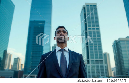 Young Indian businessman in suit standing before tall skyscrapers symbolizing India corporate growth and global business presence in modern urban financial district 120866825