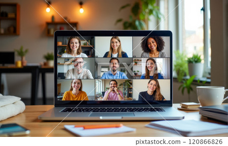 Professional team engaging in video conference call on computer, remote workers participating in online group discussion, virtual teamwork, home office setting with modern communication Professional team engaging in video conference call on computer, remote workers participating in online group discussion, virtual teamwork, home office setting with modern communication 120866826