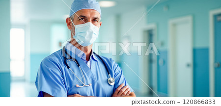 Experienced senior doctor in blue scrubs with stethoscope and mask standing in hospital hallway arms crossed professional healthcare worker Experienced senior doctor in blue scrubs with stethoscope and mask standing in hospital hallway arms crossed professional healthcare worker 120866833