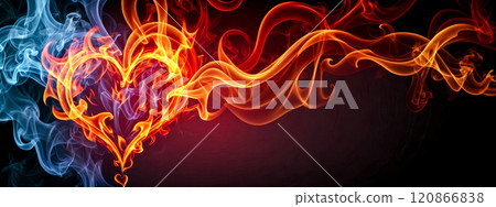 Flaming heart on black backdrop, vibrant orange red fire swirls, passionate love symbol, intense burning emotion graphic, abstract fiery romance illustration 120866838