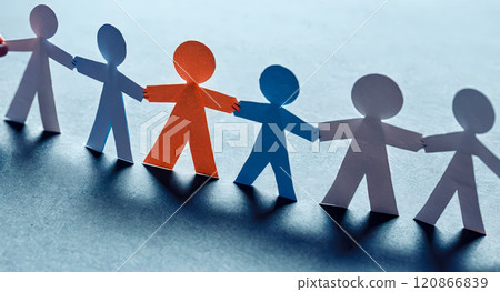 Colorful paper cutout figures holding hands, symbolizing unity, diversity, equality, on blue background, representing community support, collaboration, inclusivity, teamwork, multicultural society Colorful paper cutout figures holding hands, symbolizing unity, diversity, equality, on blue background, representing community support, collaboration, inclusivity, teamwork, multicultural society 120866839
