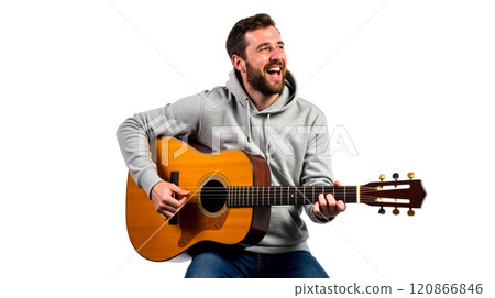 Happy guy in gray hoodie sitting and playing acoustic guitar, isolated on white background, casual style, enjoying music, musician strumming strings, relaxed mood 120866846