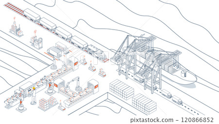Efficient maritime logistics, Steel containers loaded onto industrial ships by crane, synchronized with warehouse operations. vector illustration eps10 120866852