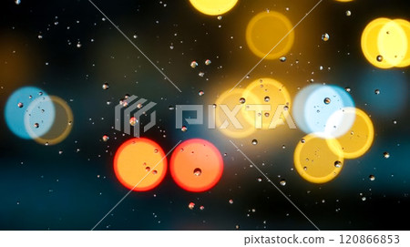Rainy night cityscape with raindrops on glass window, colorful blurred lights creating bokeh effect, vibrant urban scene, yellow and red hues, artistic photography of rainy weather Rainy night cityscape with raindrops on glass window, colorful blurred lights creating bokeh effect, vibrant urban scene, yellow and red hues, artistic photography of rainy weather 120866853