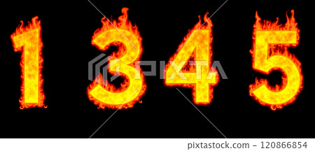 Burning numbers isolated against black background showcasing digits one, three, four, five. Fiery figures in flame suggest heat, intensity, fire, dramatic lighting, bold display Burning numbers isolated against black background showcasing digits one, three, four, five. Fiery figures in flame suggest heat, intensity, fire, dramatic lighting, bold display 120866854