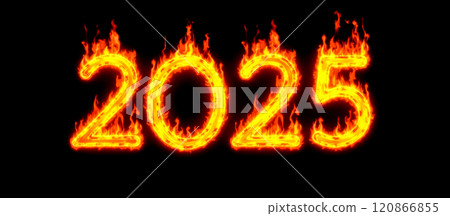 Burning numbers 2025 in flames, symbolizing New Year celebration, fiery countdown, hot future, intense energy, bright fire, glowing digits, year change, blazing numerals, fiery design 120866855