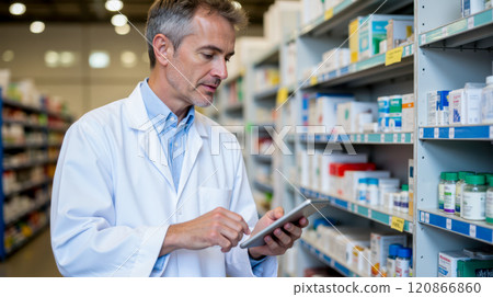 Middle-aged male pharmacist in white lab coat using digital tablet in pharmacy. Shelves with various medications and health products in background. Professional healthcare worker managing inventory 120866860