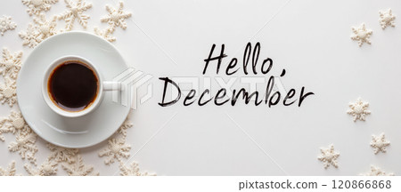 Winter holiday greeting card with Hello December text, featuring cup of coffee, white snowflakes, evergreen branches on light blue background. welcoming December Winter holiday greeting card with Hello December text, featuring cup of coffee, white snowflakes, evergreen branches on light blue background. welcoming December 120866868
