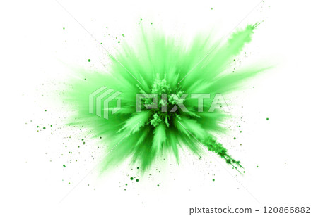 Green powder explosion on white background. Colorful particles burst into dynamic splash. High-speed motion freeze. Abstract art with bright color and energy. Creative design impact Green powder explosion on white background. Colorful particles burst into dynamic splash. High-speed motion freeze. Abstract art with bright color and energy. Creative design impact 120866882