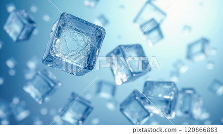 Floating ice cubes in clear blue water, close-up view of transparent frozen blocks, refreshing cold concept, summer drinks, cooling beverages, icy freshness Floating ice cubes in clear blue water, close-up view of transparent frozen blocks, refreshing cold concept, summer drinks, cooling beverages, icy freshness 120866883
