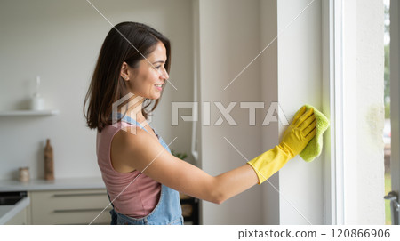 Smiling young woman cleaning glass window with yellow gloves, holding green cloth, inside bright kitchen, wearing denim overalls and pink tank top, natural light, fresh and clean interior environment Smiling young woman cleaning glass window with yellow gloves, holding green cloth, inside bright kitchen, wearing denim overalls and pink tank top, natural light, fresh and clean interior environment 120866906