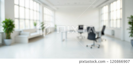 Bright modern office with blurred white background, comfortable chair, clean workspace, minimalistic design, contemporary furniture, light atmosphere, professional environment Bright modern office with blurred white background, comfortable chair, clean workspace, minimalistic design, contemporary furniture, light atmosphere, professional environment 120866907