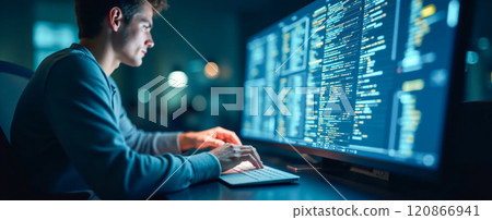 Professional programmer coding late at night in dark office, wide computer screen with code, software developer working on project, technology concept 120866941
