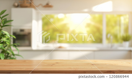 empty Wooden table with blurred bright kitchen background, showcasing presentation food products. Sunny morning light, modern kitchen interior style 120866944