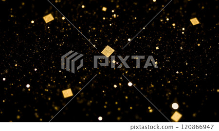 Gold confetti scattered on dark black background, glittering overlay effect for festive celebrations, shimmering particles floating, elegant golden sparkle, digital editing and holiday 120866947