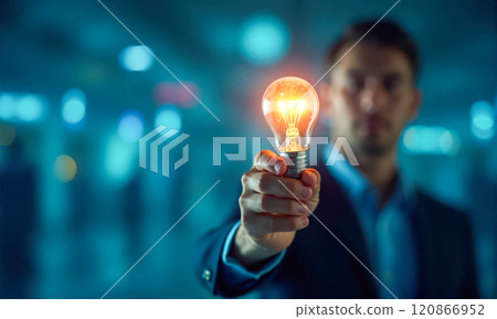 Corporate professional presenting illuminated light bulb with futuristic digital data interface, technological progress in business environment, blurred backdrop Corporate professional presenting illuminated light bulb with futuristic digital data interface, technological progress in business environment, blurred backdrop 120866952
