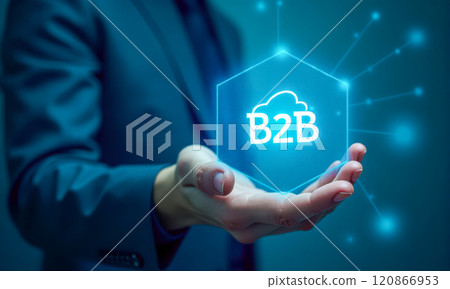 Digital transformation in corporate sector showing B2B networking, futuristic business-to-business marketing solutions with interactive tech interface and connectivity on blue backdrop. web banner Digital transformation in corporate sector showing B2B networking, futuristic business-to-business marketing solutions with interactive tech interface and connectivity on blue backdrop. web banner 120866953