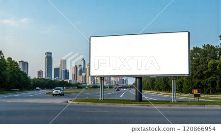 Mockup empty billboard for advertisement along highway with no cars, urban skyline in distance under blue sky, spacious advertising board ready for branding, road side marketing in city outskirts 120866954