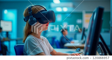 Young Learner Using Virtual Reality Headset for Immersive Educational Experience, Technological Advancement in Teaching, Child Focused on Virtual Study Session, Innovative Learning Tool Young Learner Using Virtual Reality Headset for Immersive Educational Experience, Technological Advancement in Teaching, Child Focused on Virtual Study Session, Innovative Learning Tool 120866957