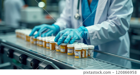 Professional in lab coat checking medicine containers on conveyor belt, ensuring quality standards in pharmaceutical production, healthcare industry worker focused on medication inspection process 120866958