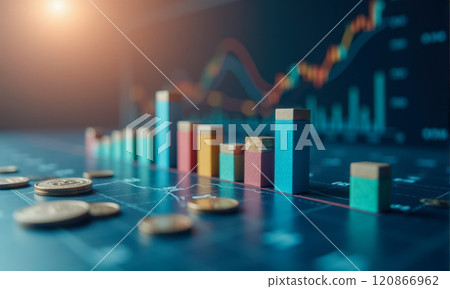 Colorful ascending wooden blocks on graph background symbolizing financial growth investment success economic trends market analysis profit increase business strategy development 120866962