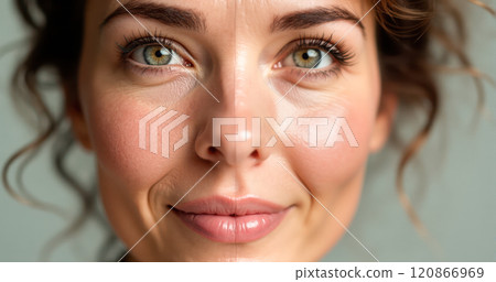 Comparison of before and after cosmetic treatment on woman face. One side displays visible wrinkles and signs of aging, other is smoother and youthful, skincare results and wrinkle reduction 120866969