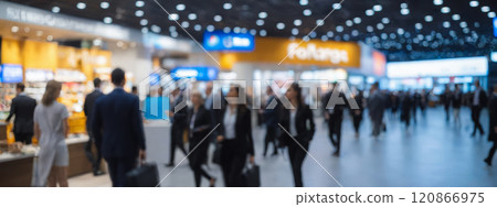 blurred Busy indoor public space, people in motion , travel hub atmosphere, humans walking, modern urban setting, commercial areas 120866975
