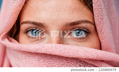 Expressive woman eyes, pink fabric draping, cosmetics theme, facial skin care, focus on eyes. Perfect for beauty, fashion, skincare, and makeup related content 120866979