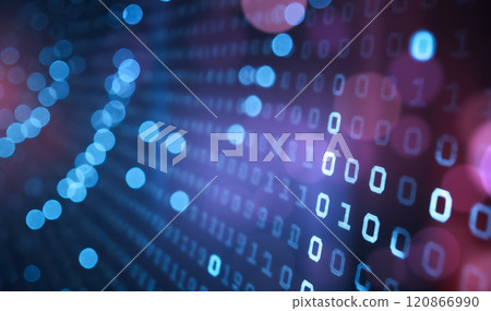 Abstract digital binary code background, blue bokeh lights, data stream, virtual reality space, cybersecurity concept, information technology theme Abstract digital binary code background, blue bokeh lights, data stream, virtual reality space, cybersecurity concept, information technology theme 120866990