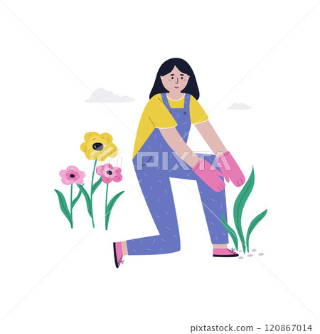 Illustrated scene with a farmer girl growing flowers Gardening, farming, farm life concept Illustrated scene with a farmer girl growing flowers Gardening, farming, farm life concept 120867014