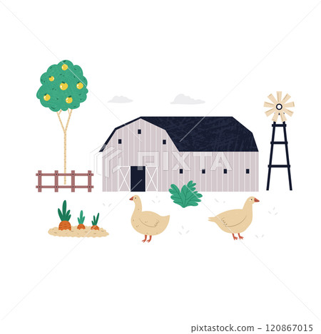 Charming Farm Scene of Barn with Goose Illustration Charming Farm Scene of Barn with Goose Illustration 120867015