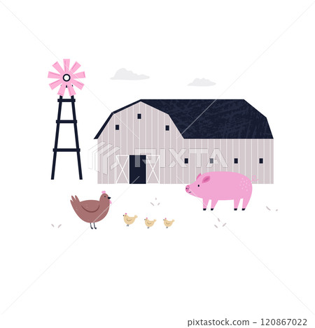 Charming Farm Scene of Barn with Hen and Pig Illustration 120867022