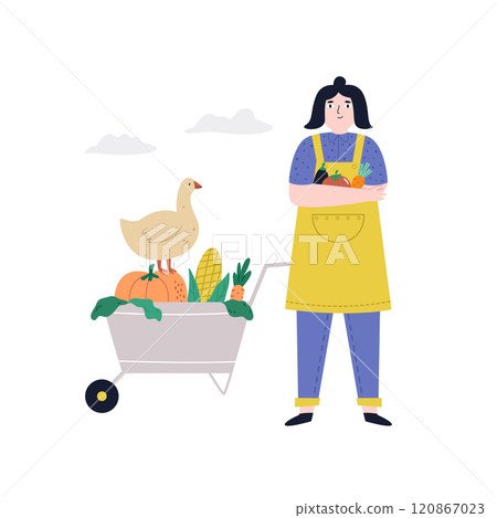 Delightful Farm Life Scene with Woman Standing with Harvest of Vegetables Illustration 120867023
