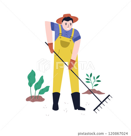 Hand-Drawn Illustration of a Man Raking in the Garden Hand-Drawn Illustration of a Man Raking in the Garden 120867024