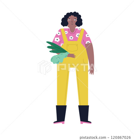 Adorable Illustration of a Woman Holding Freshly Harvested Vegetables. Country Charm Design, Rustic Farm Art. Adorable Illustration of a Woman Holding Freshly Harvested Vegetables. Country Charm Design, Rustic Farm Art. 120867026
