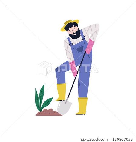 Illustrated scene with a farmer growing a plant. Gardening, farming, farm life concept 120867032