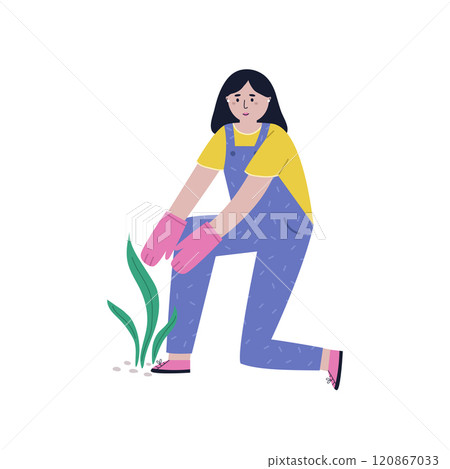 Illustrated scene with a farmer girl growing plant. Gardening, farming, farm life concept 120867033