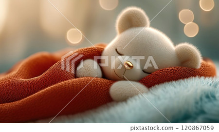 Adorable Sleeping Teddy Bear Wrapped in a Cozy Blanket. Adorable Sleeping Teddy Bear Wrapped in a Cozy Blanket. 120867059