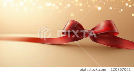 Red Ribbon Bow on Golden Background with Festive Glow. Red Ribbon Bow on Golden Background with Festive Glow. 120867061