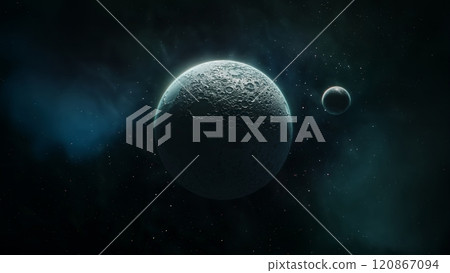 A stunning cosmic scene with vibrant planets in a galactic background, captivating imaginations 120867094