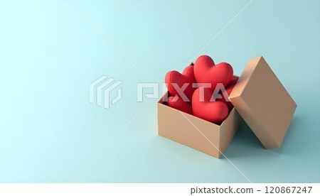 Red hearts in a gift box on blue background Red hearts in a gift box on blue background 120867247