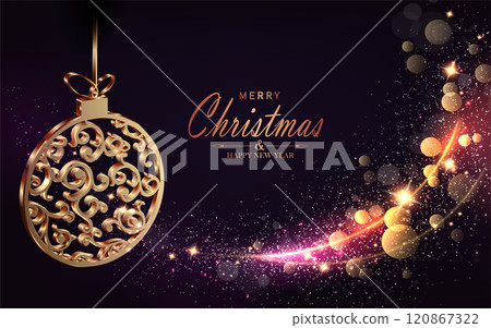 Merry Christmas. Card with glitter tinsel and retro gold Christmas tree decoration Merry Christmas. Card with glitter tinsel and retro gold Christmas tree decoration 120867322