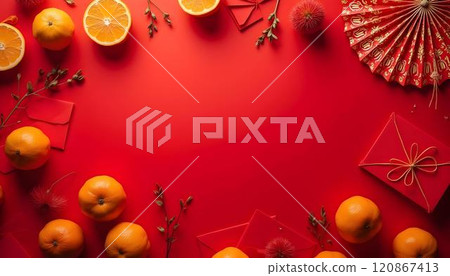 Gifts, tangerines on a red background 120867413