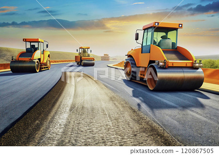 Laying asphalt on the summer street.Road work Laying asphalt on the summer street.Road work 120867505