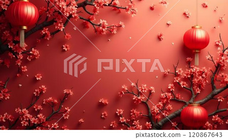 Red chinese lanterns and cherry blossom branches Red chinese lanterns and cherry blossom branches 120867643