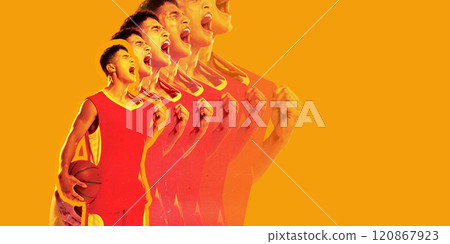 Basketball player shouting with passion, holding ball, set against bold yellow background. Stroboscopic effect captures phases of emotion and energy in motion. Basketball player shouting with passion, holding ball, set against bold yellow background. Stroboscopic effect captures phases of emotion and energy in motion. 120867923