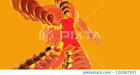 Vibrant basketball player in red and orange tones, full of energy. Stroboscopic effect defines phases of movement, emphasizing motion and power. 120867931