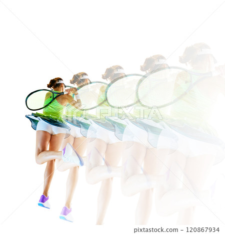 Female tennis player mid-swing with racquet, bright green and white palette. Stroboscopic effect highlights each phase, creating sense of speed. Female tennis player mid-swing with racquet, bright green and white palette. Stroboscopic effect highlights each phase, creating sense of speed. 120867934