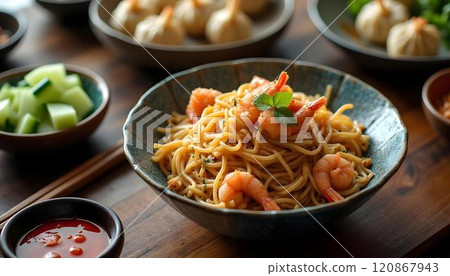 Noodle with shrimp and dumplings on a wooden table Noodle with shrimp and dumplings on a wooden table 120867943