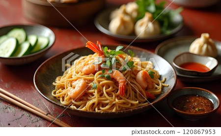 Noodle with shrimps in a bowl on a wooden table 120867953